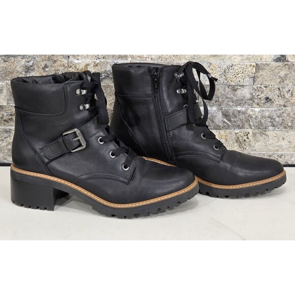 Naturalizer Tia Leather Ankle Boots Combat Moto Biker Lace-Up Black Womens 10M - Picture 1 of 13